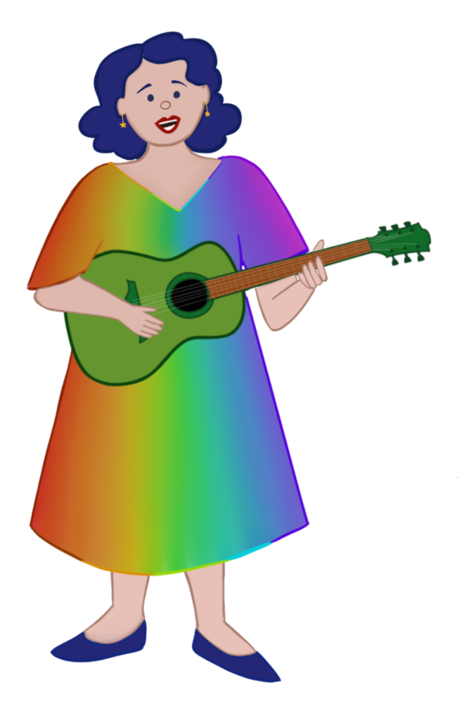 A cartoon version of musical comedian Troubadette.